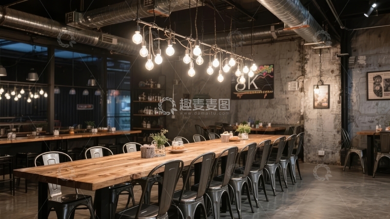 高清大图下载【趣麦麦图】工业风餐厅长桌与吊灯装饰