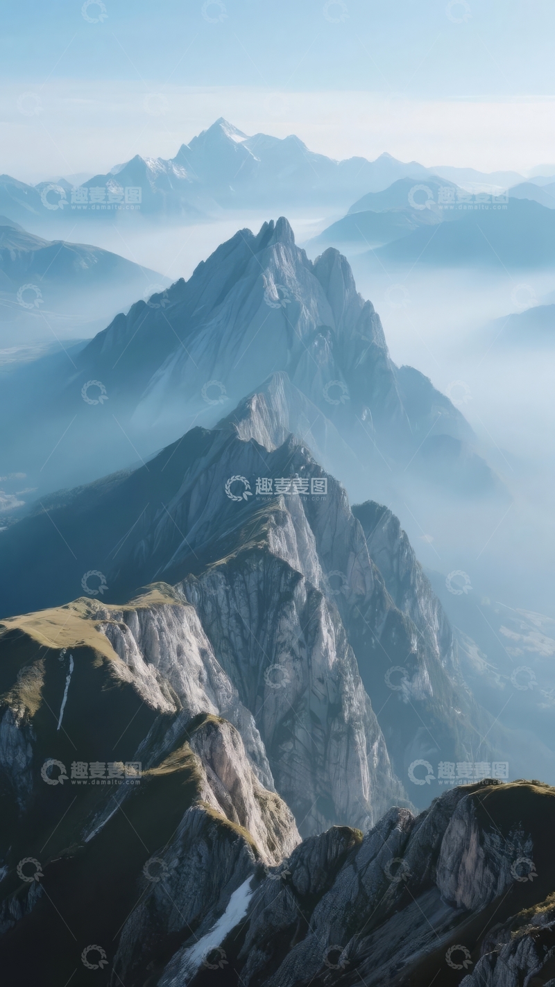 高清大图下载【趣麦麦图】层叠山脉云雾缭绕壮丽自然景观