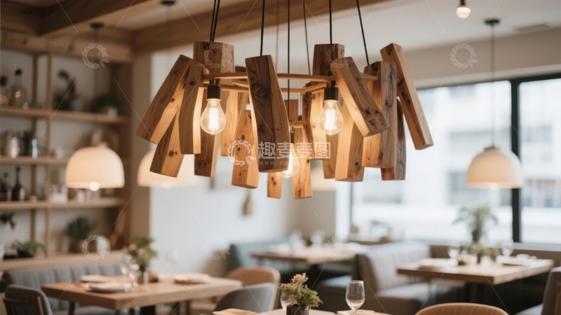 高清大图下载【趣麦麦图】现代餐厅内木质吊灯与温馨用餐环境