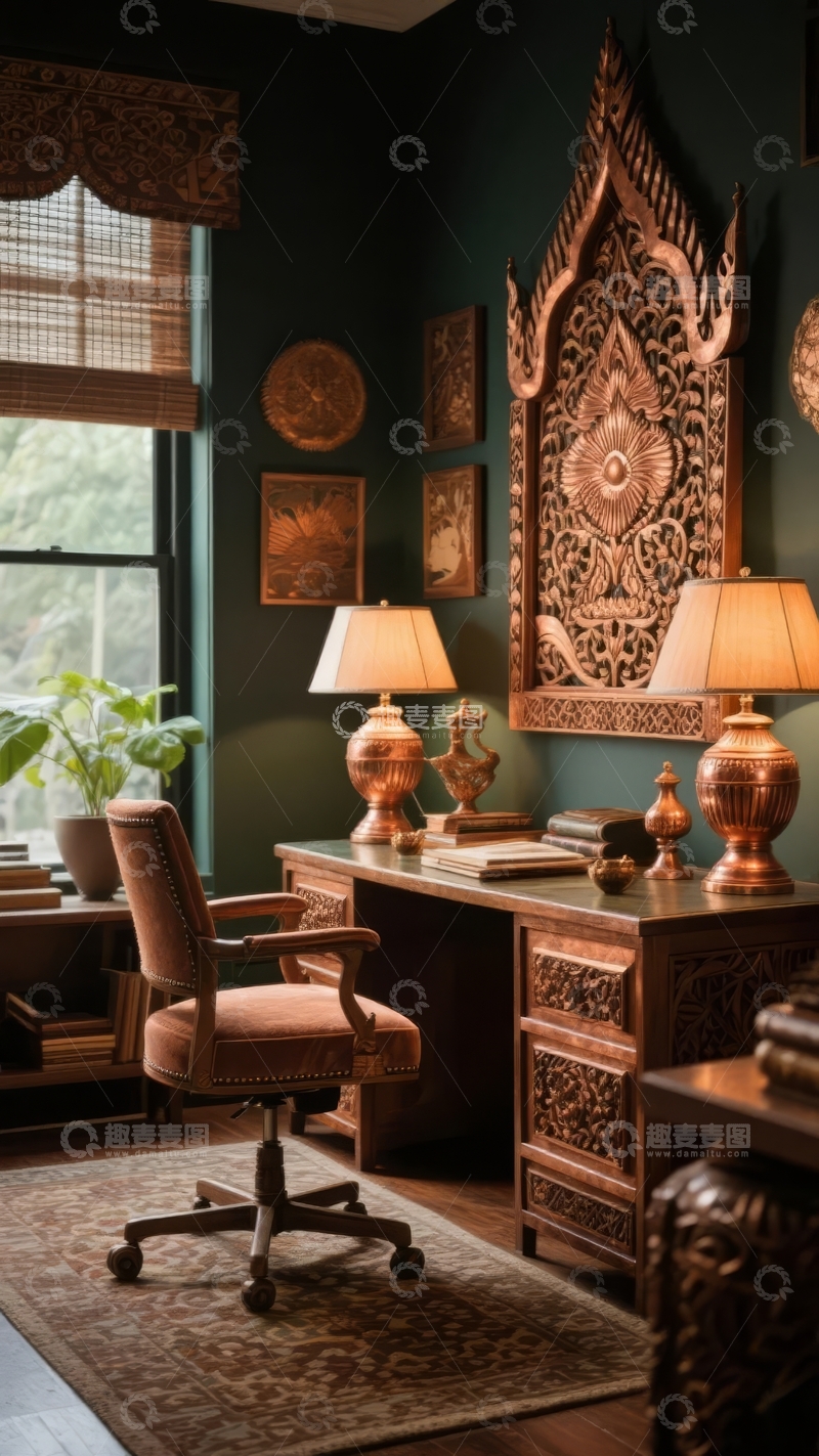 高清大图下载【趣麦麦图】深绿色墙壁装饰精美雕刻木质办公桌与台灯