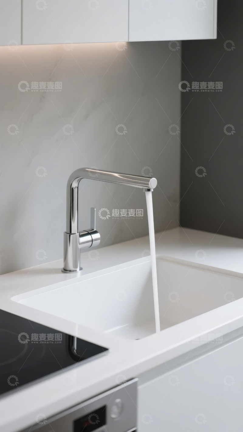 高清大图下载【趣麦麦图】现代厨房水槽龙头流水特写
