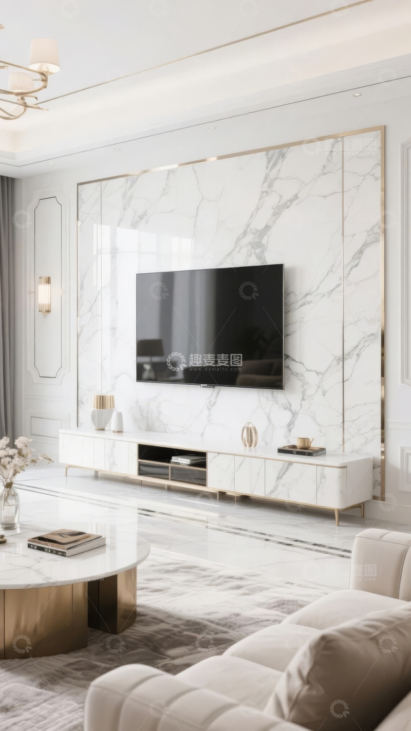高清大图下载【趣麦麦图】现代客厅大理石背景墙电视柜设计