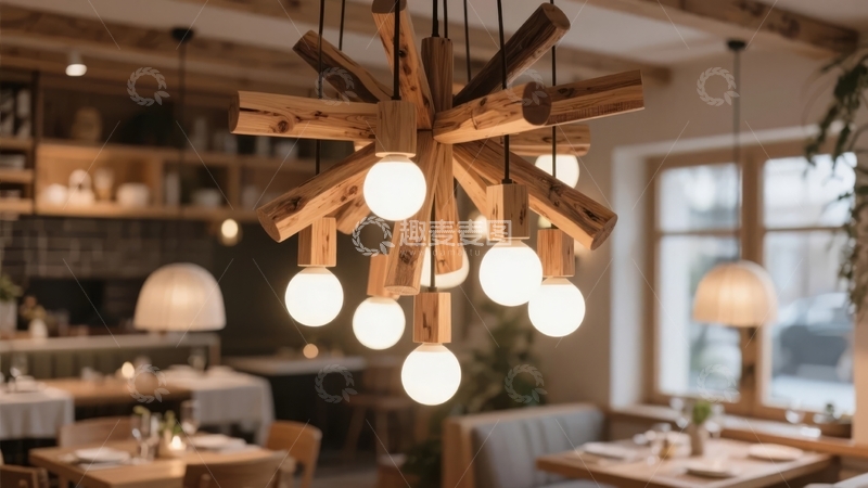 高清大图下载【趣麦麦图】现代餐厅中独特的木质吊灯与温馨用餐环境