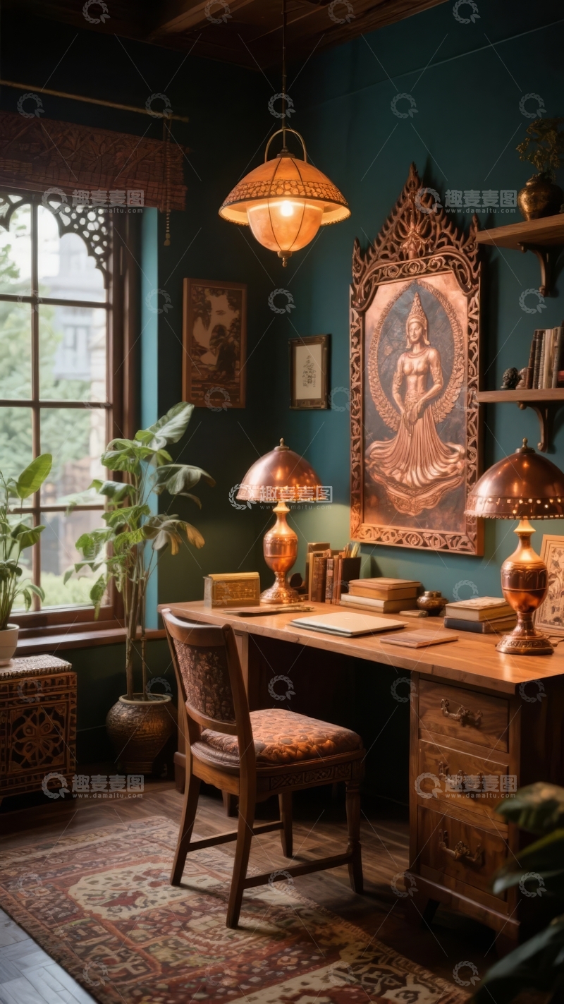 高清大图下载【趣麦麦图】深绿色墙壁的复古风格书房内有佛像装饰和古典灯具