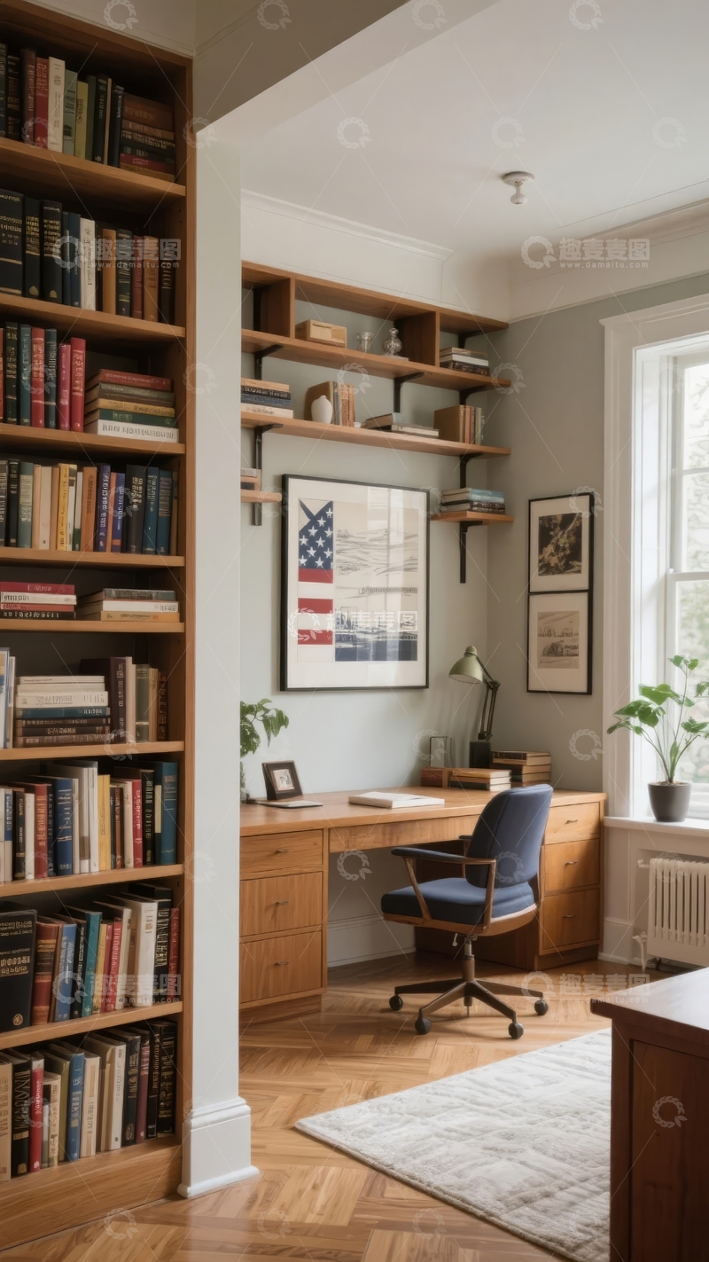 高清大图下载【趣麦麦图】现代书房角落书架与办公桌结合的温馨工作空间
