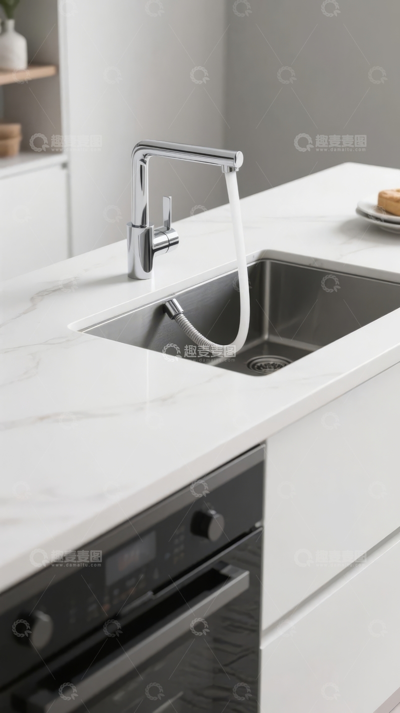 高清大图下载【趣麦麦图】现代厨房不锈钢水槽配可伸缩水龙头