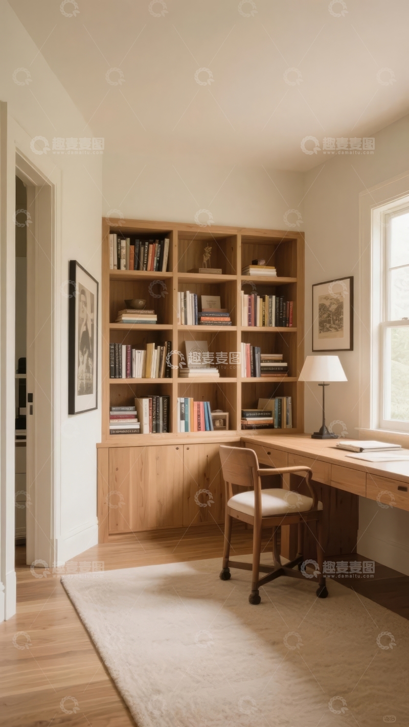 高清大图下载【趣麦麦图】明亮书房内书架整齐摆放书籍与办公用品