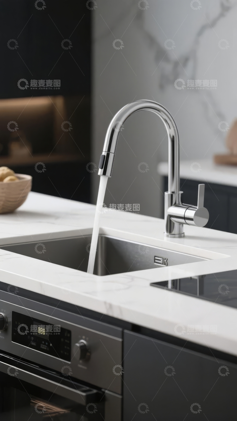 高清大图下载【趣麦麦图】-现代厨房水槽龙头流水特写