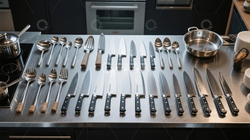高清大图下载【趣麦麦图】厨房不锈钢台面上整齐排列的刀具和餐具