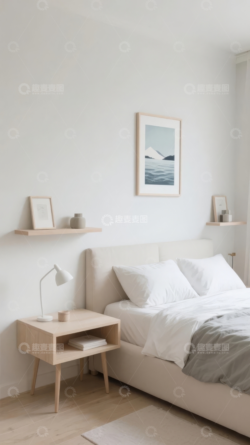高清大图下载【趣麦麦图】简约风格卧室床头柜与装饰画