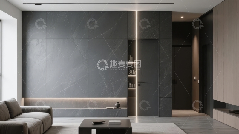 高清大图下载【趣麦麦图】现代简约风格客厅设计墙面采用深色石材装饰