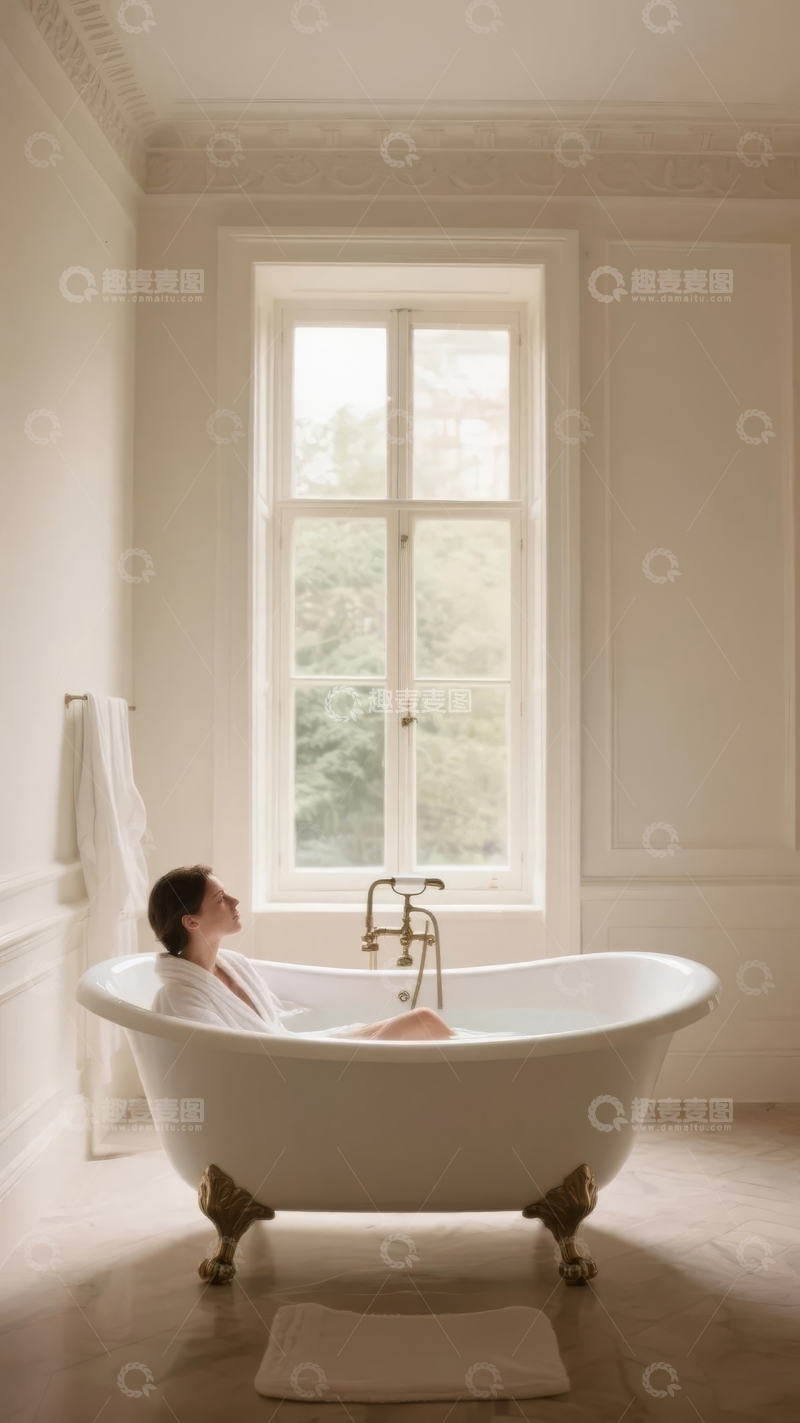 女子在宽敞明亮的浴室中享受浴缸时光