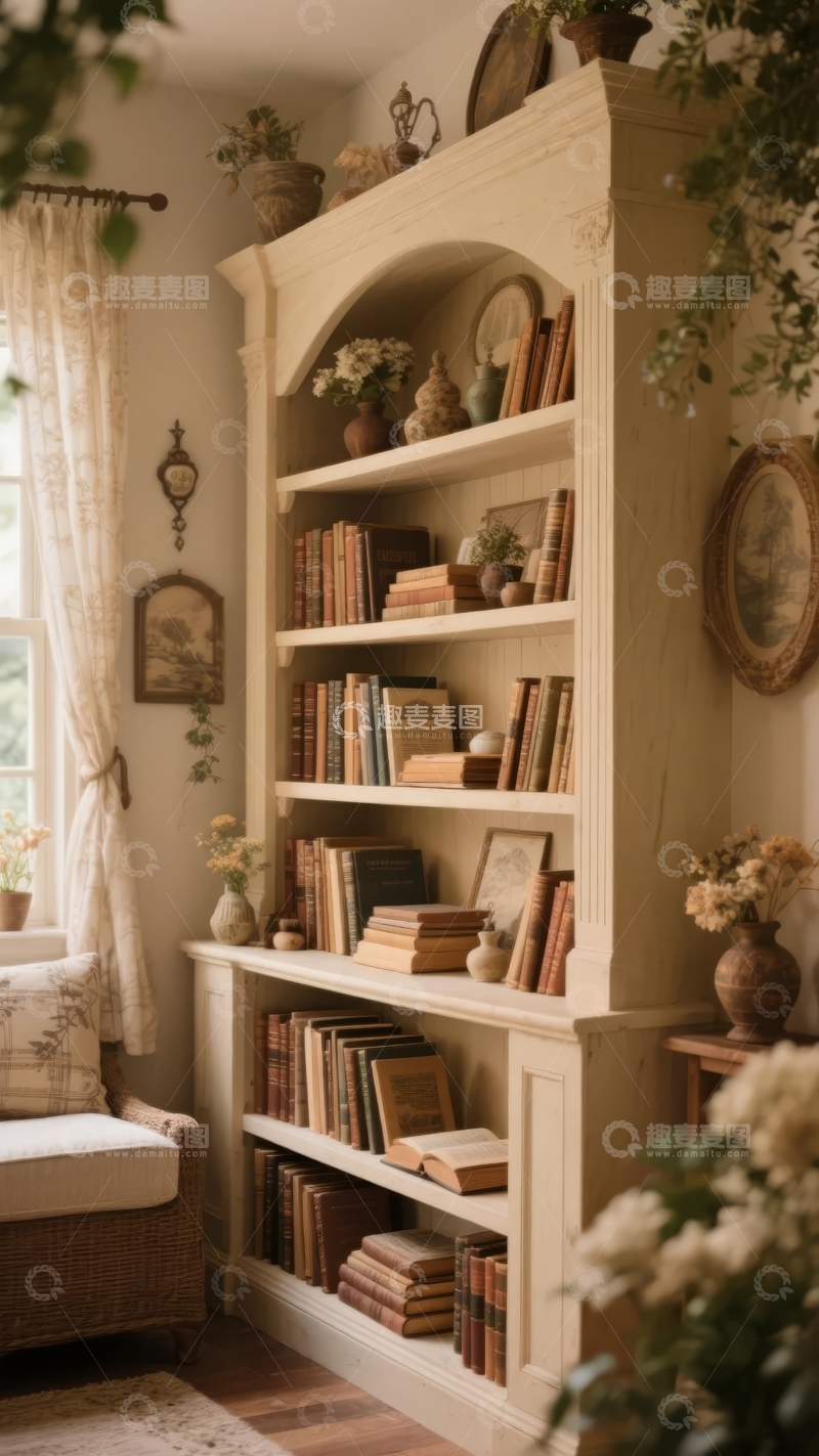 高清大图下载【趣麦麦图】温馨复古书房角落书架摆满书籍与装饰品