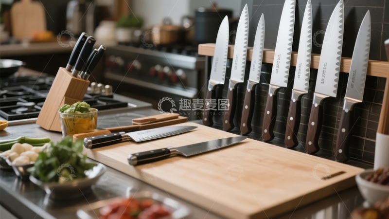 高清大图下载【趣麦麦图】厨房台面上摆放着刀具和新鲜食材