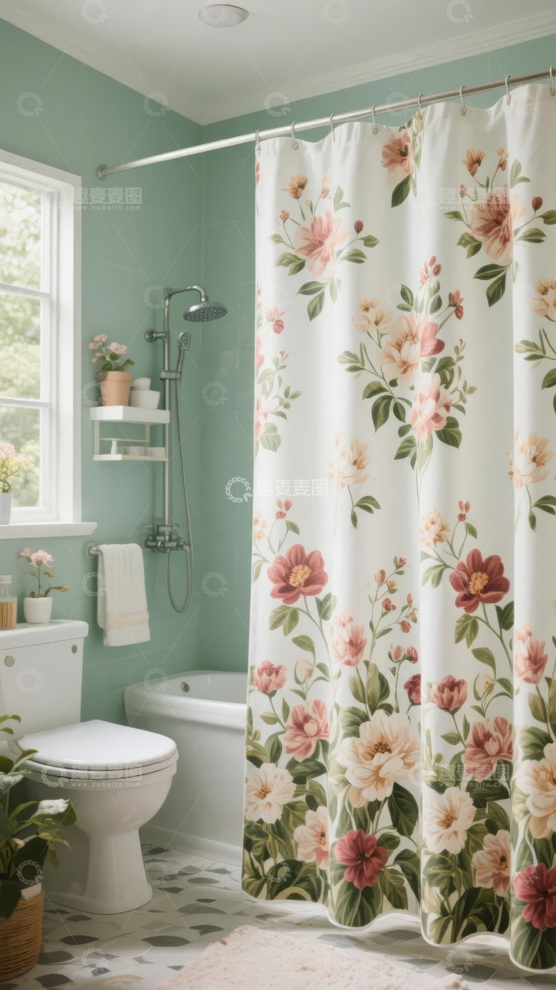 高清大图下载【趣麦麦图】装饰有花卉图案的浴室窗帘与整洁卫浴设施