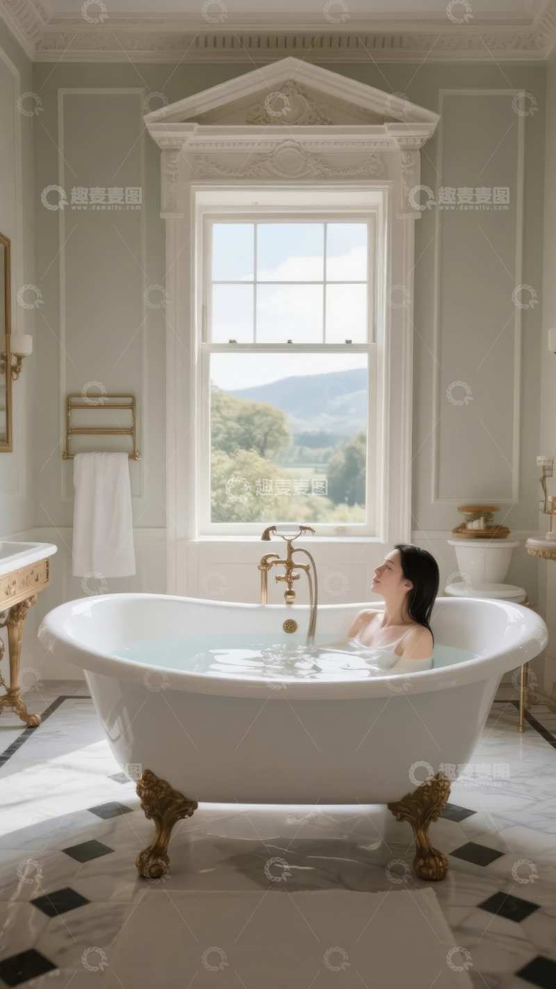 高清大图下载【趣麦麦图】古典风格浴室中，女子在浴缸里放松享受