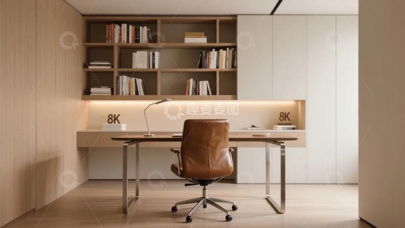 高清大图下载【趣麦麦图】现代简约风格书房配备书架办公桌和皮质座椅