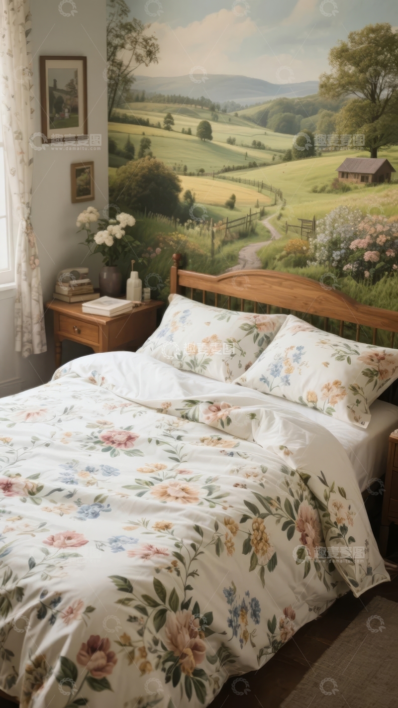 高清大图下载【趣麦麦图】卧室墙绘田园风光床品花卉图案温馨舒适