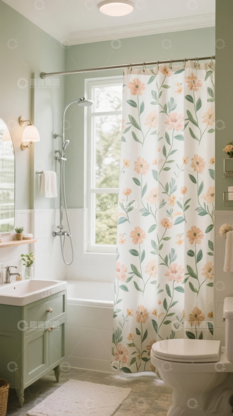 高清大图下载【趣麦麦图】清新淡绿色浴室配花卉图案浴帘