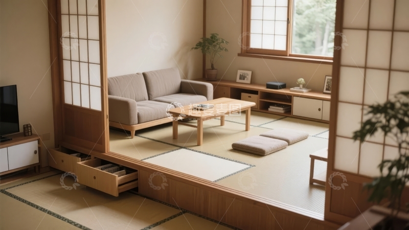 高清大图下载【趣麦麦图】日式风格客厅展示传统榻榻米与木质家具