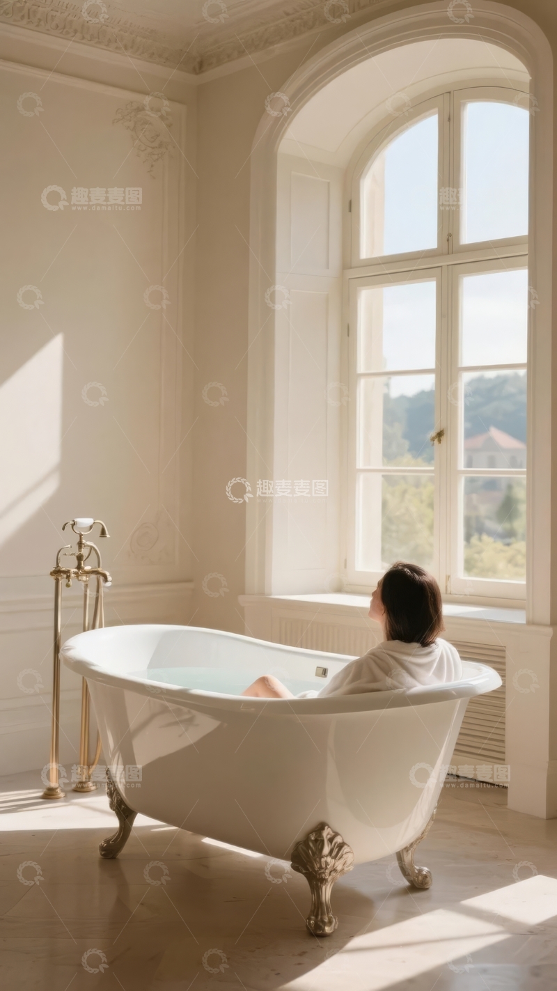 高清大图下载【趣麦麦图】古典风格浴室中，一人在浴缸里沐浴阳光