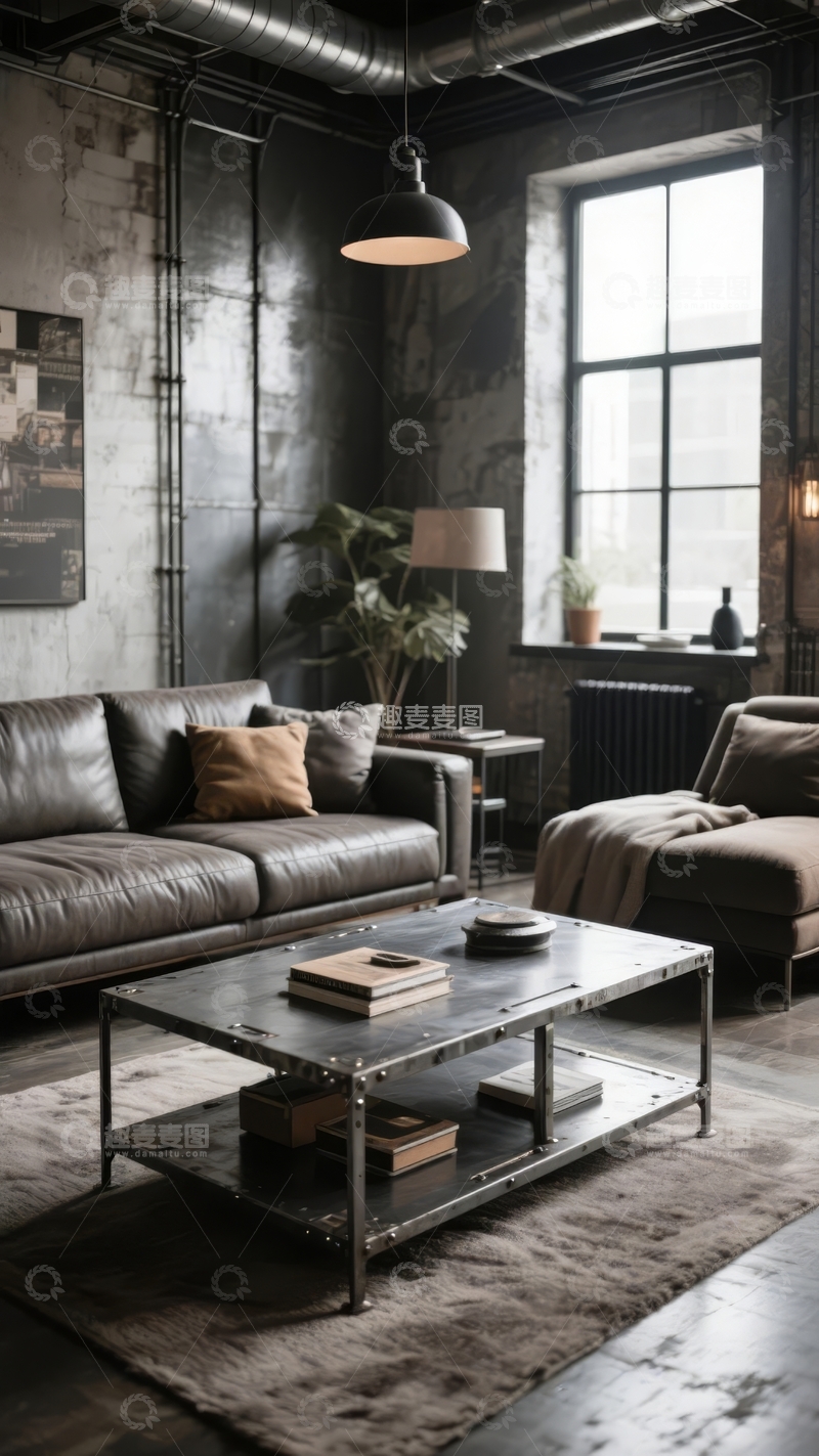 高清大图下载【趣麦麦图】工业风客厅设计深色墙面与金属管道装饰