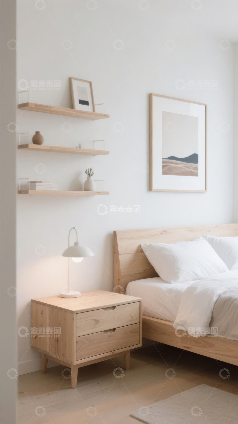 高清大图下载【趣麦麦图】简约风格卧室床头柜与装饰画