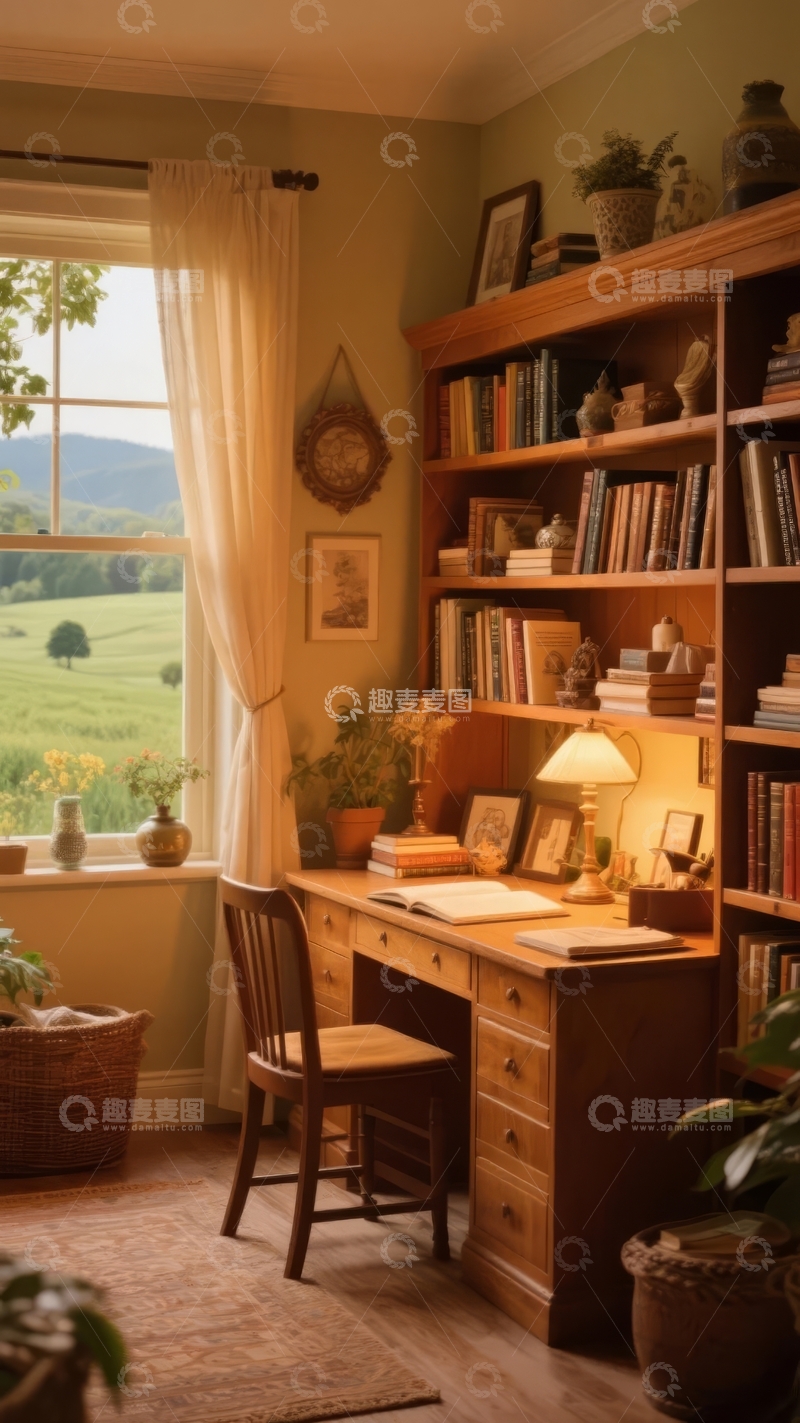 高清大图下载【趣麦麦图】温馨书房内景阳光透过窗户照进书架与书桌