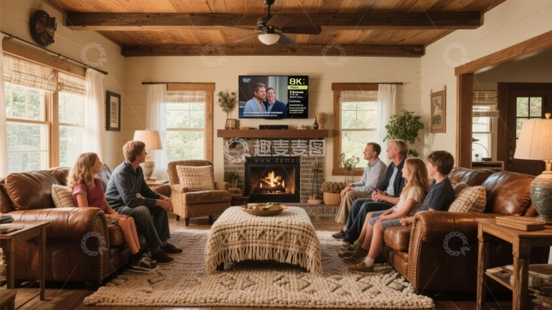 高清大图下载【趣麦麦图】多人在温馨客厅围坐观看电视