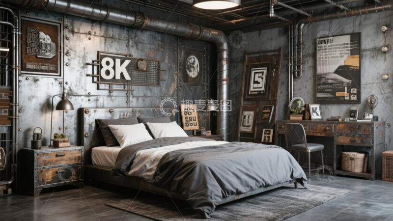 高清大图下载【趣麦麦图】工业风卧室设计展示灰色床品与金属装饰元素