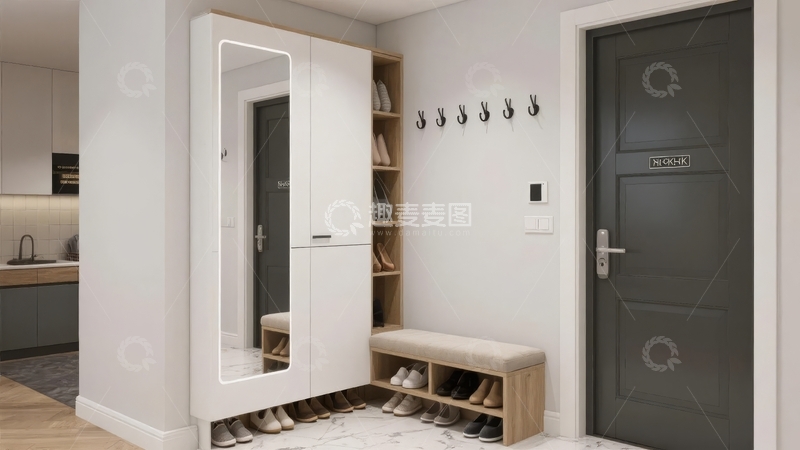 高清大图下载【趣麦麦图】现代简约风格玄关设计包含鞋柜镜子和挂钩