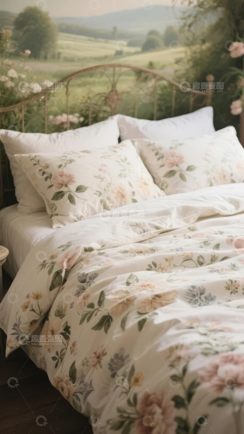 高清大图下载【趣麦麦图】田园风格花卉床上用品搭配温馨卧室场景