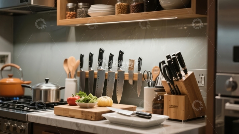 高清大图下载【趣麦麦图】厨房台面上摆放着刀具蔬菜和厨具