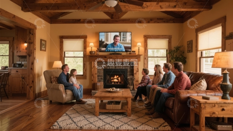 高清大图下载【趣麦麦图】家庭在温馨客厅围坐观看电视