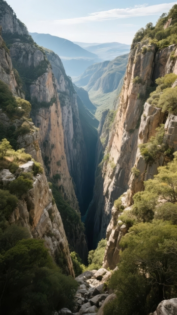 壮丽峡谷景观两侧峭壁高耸植被点缀