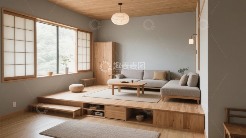 高清大图下载【趣麦麦图】日式风格客厅采用木质平台和榻榻米设计