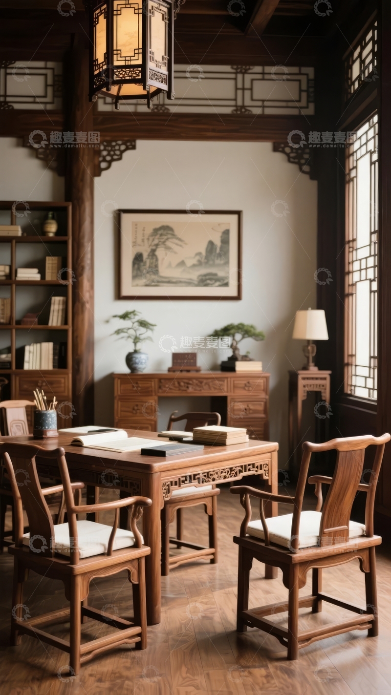 高清大图下载【趣麦麦图】中式古典书房内景陈设典雅氛围浓厚