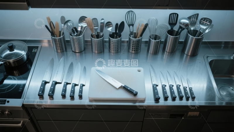 高清大图下载【趣麦麦图】厨房不锈钢台面上整齐摆放的刀具和厨具