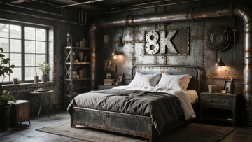 工业风卧室设计床头管道装饰复古氛围