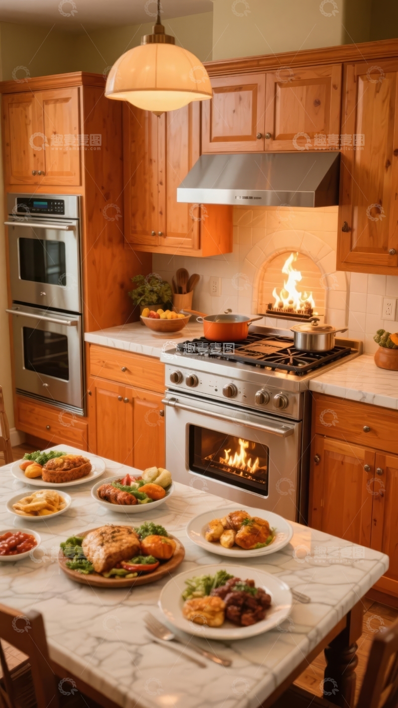 高清大图下载【趣麦麦图】现代厨房中燃气灶火焰明亮食物准备就绪