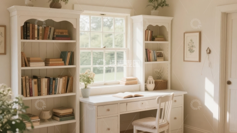 高清大图下载【趣麦麦图】明亮书房内书架书桌与绿植相映成趣