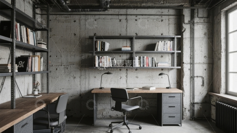 高清大图下载【趣麦麦图】工业风办公室内景书架与办公桌组合