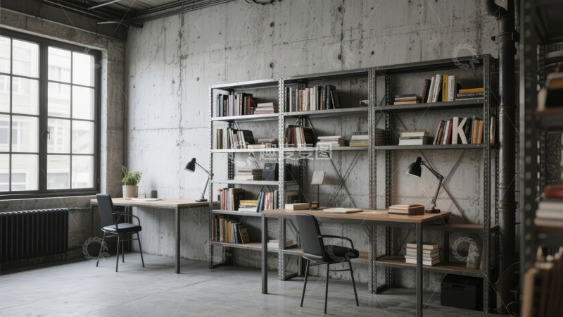 高清大图下载【趣麦麦图】现代工业风办公室内景书架与工作区