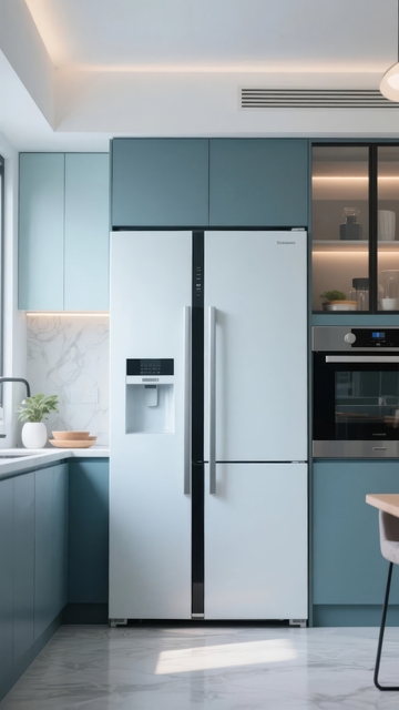 现代厨房中的浅蓝色冰箱与橱柜组合