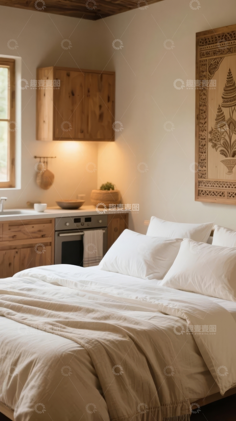 高清大图下载【趣麦麦图】温馨简约卧室配木质橱柜与装饰画