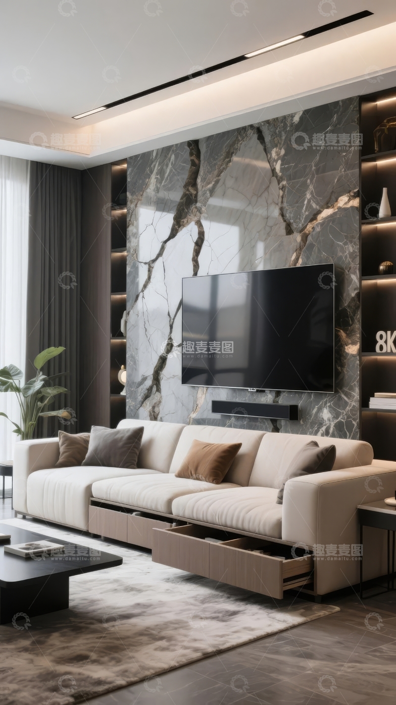 高清大图下载【趣麦麦图】现代客厅设计以大理石墙和简洁家具为特色