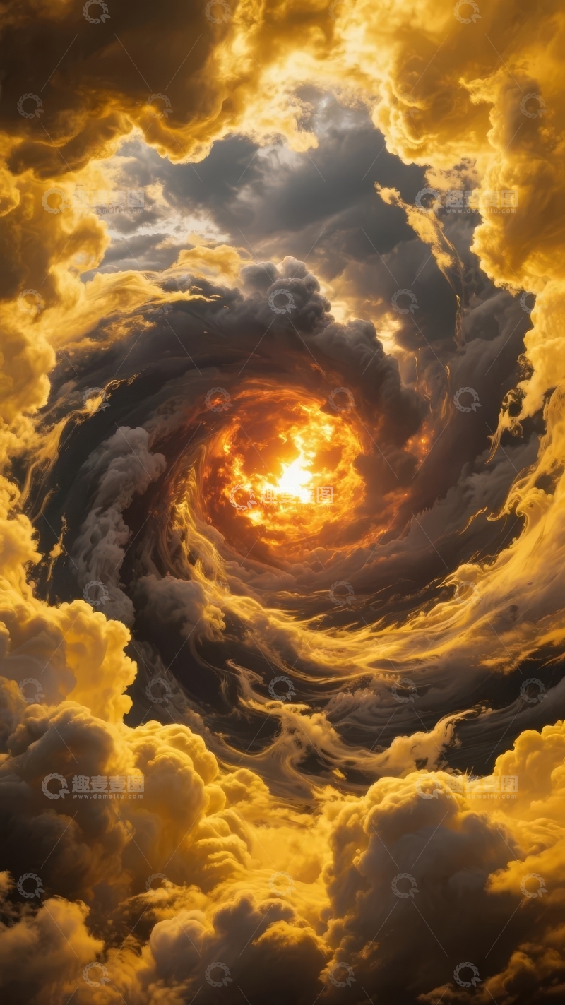 高清大图下载【趣麦麦图】旋涡状云层中心闪耀着炽热光芒的壮观天空景象