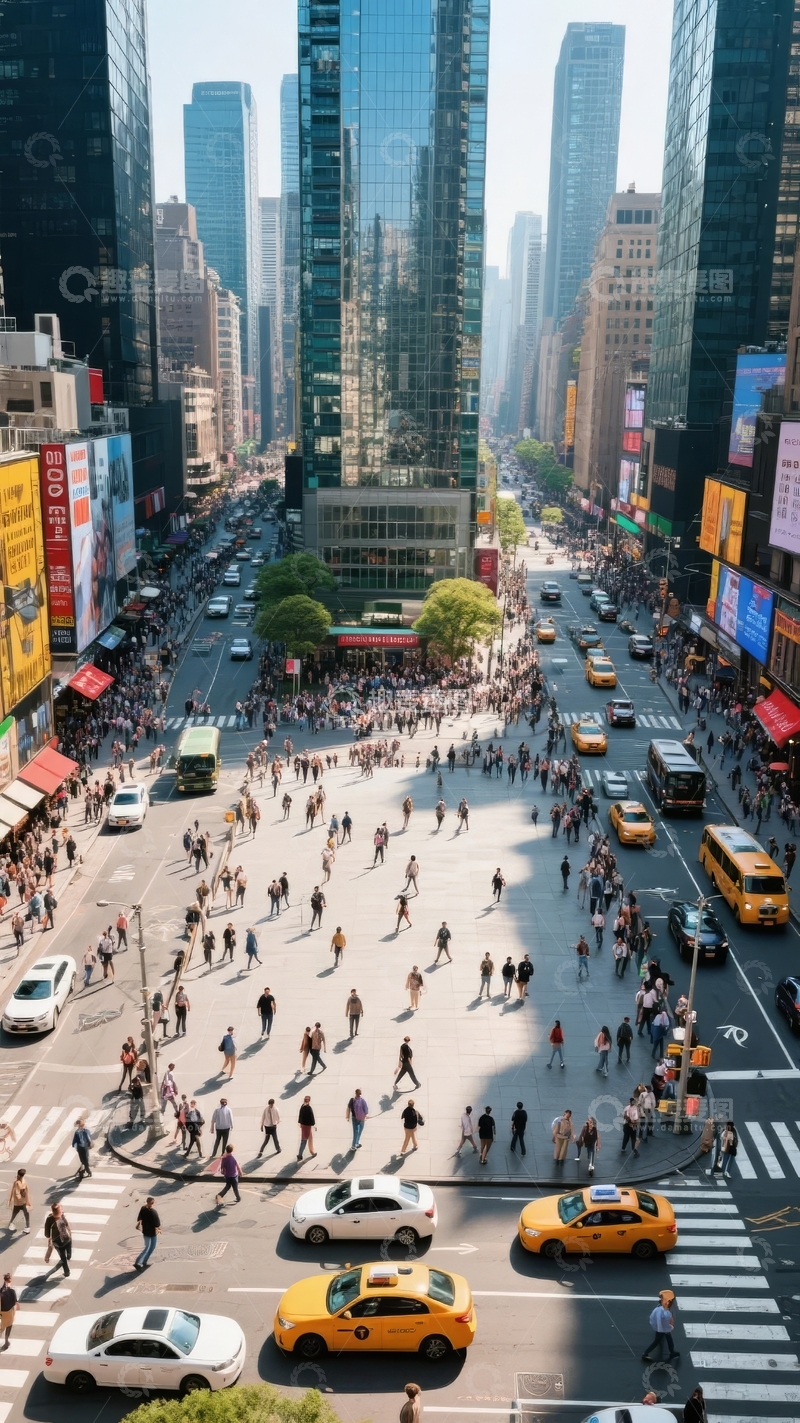 高清大图下载【趣麦麦图】繁忙都市十字路口行人车辆交织景象