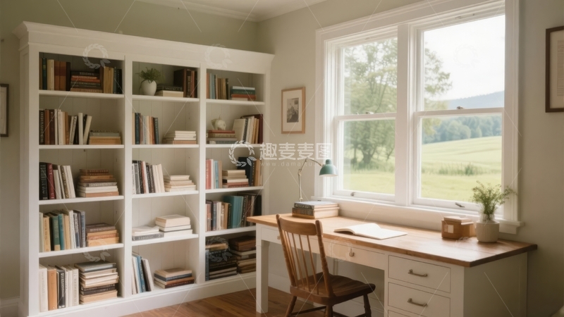 高清大图下载【趣麦麦图】书房内书架与书桌旁的宁静窗景