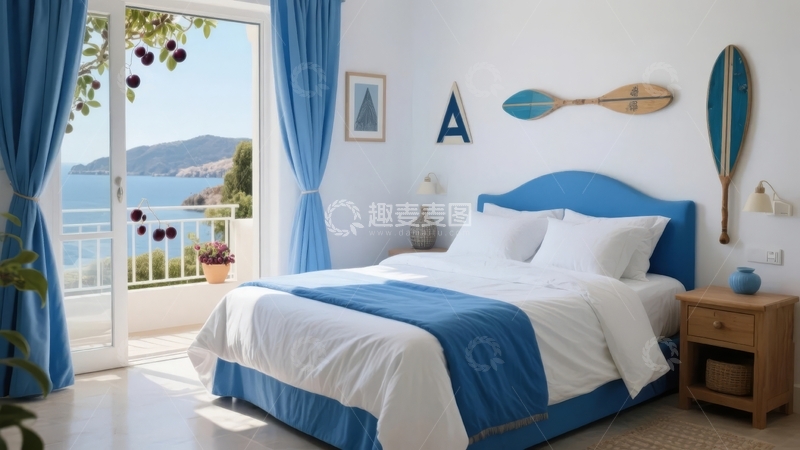 高清大图下载【趣麦麦图】蓝色主题卧室窗外海景阳台